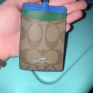 Coach brown & Blue Card Holder with Green Accent